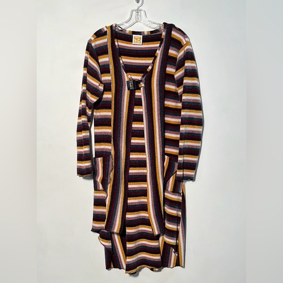 HAND JIVE Artsy/Boho Chenille Multi Stripe Hi-Lo 1 Button 2 Pocket Cardigan SZ S - Picture 1 of 16